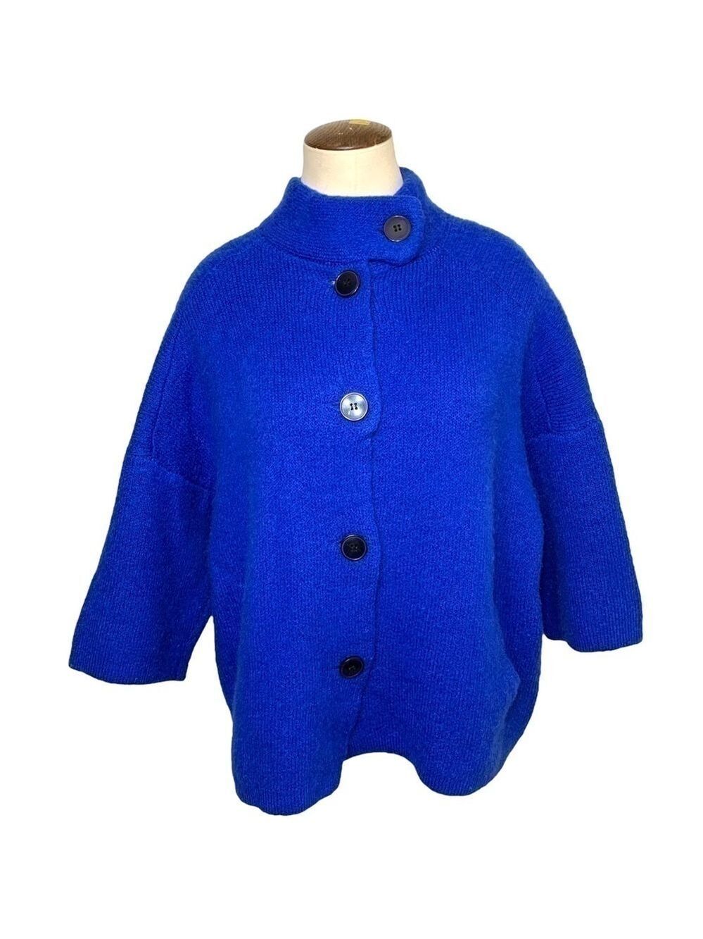 Christian Siriano Knit Cardigan Sweater M Cobalt Blue Wool Blend Fuzzy Top